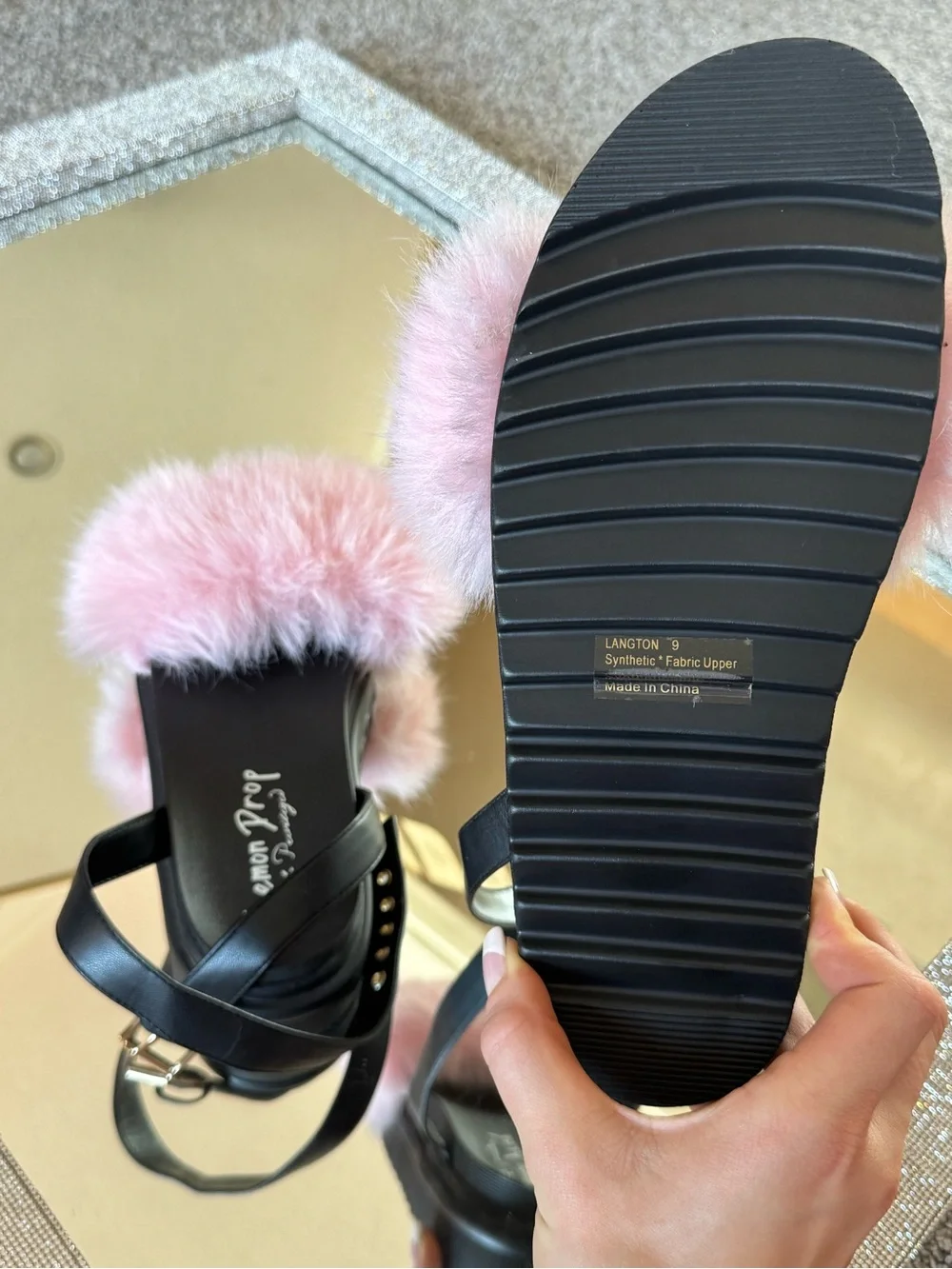 Dolls Kill Black Platform Sandals with Pink Faux Fur